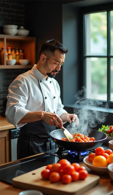 Chinese chef preparing traditional dishes in kitchen
