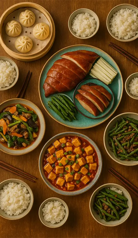 Chinese family dinner table with variety of dishes